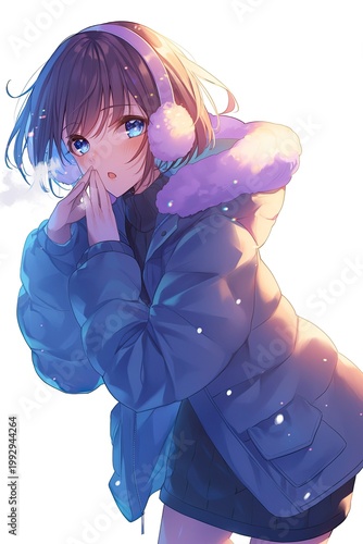 Beautiful Anime Girl in a winter coat fluffy earmuffs blowing warm breath vibrant colors isolated on white background