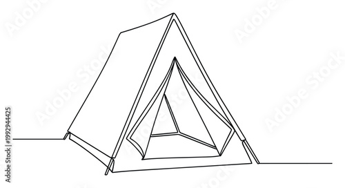 Continuous line drawing of an Aframe camping tent with open entrance, perfect for outdoor adventure and travel concepts