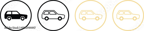 Minimalist car icon set featuring black solid silhouette and thin line art style passenger vehicle symbols in circular frames vector illustration.