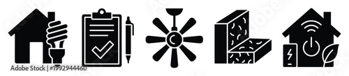 Sustainable home energy efficiency smart technology and inspection glyph icons for business presentations