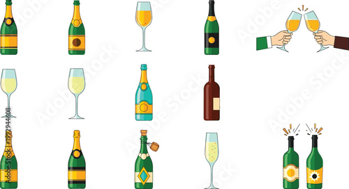 Champagne and wine bottles with glasses vector set in flat style, celebration drinks collection for party, toast, luxury and festive events design