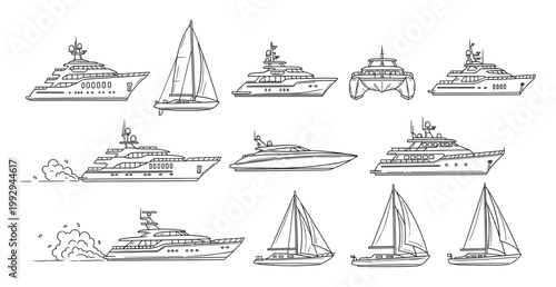 Collection of diverse boats including yachts, sailboats, and catamarans for marine leisure and travel designs