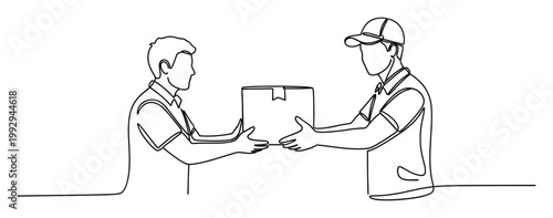 Continuous line drawing of a delivery person giving a package to a customer, ideal for shipping services and ecommerce solutions.