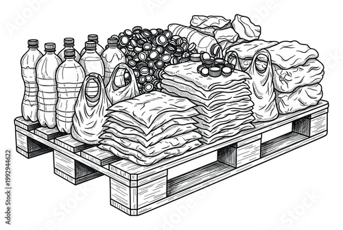Pallet loaded with plastic bottles, bottle caps, plastic bags, and crumpled plastic for waste management and recycling campaigns.