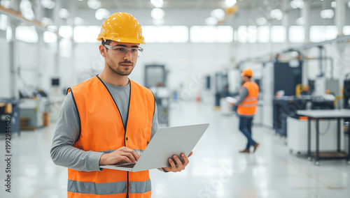 A industrial factory interior with male engineer standing in the foreground, wearing a standard yellow safety using laptop in industrial factory manufacturing environment modern production technology