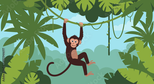 Monkey hanging from vine in dense tropical jungle canopy