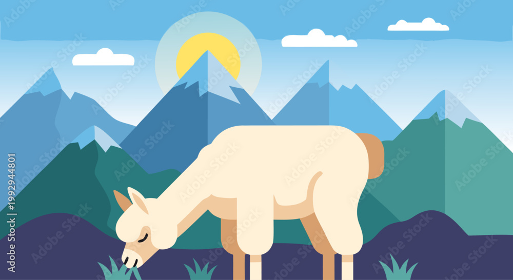 Fototapeta premium Llama grazing in alpine mountain landscape at sunrise