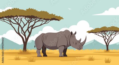 Rhinoceros standing on dry savanna with acacia trees
