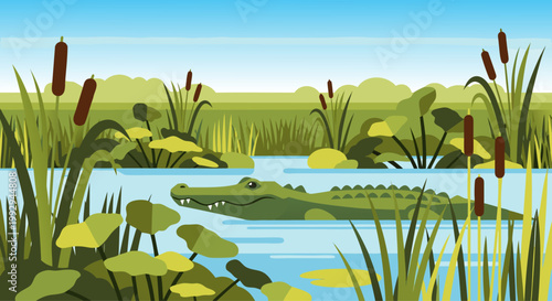 Crocodile resting among reeds in freshwater wetland