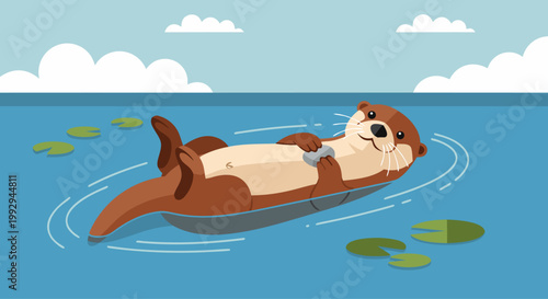 River otter floating on back in tranquil pond setting