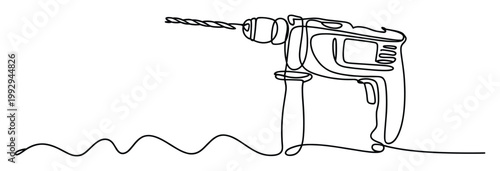Minimalist continuous line drawing of a power drill with a long cord suitable for construction and handyman project visuals