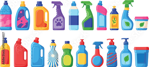 Cleaning products bottles vector set in flat style, colorful household detergents and spray containers collection for hygiene, home care and sanitation design