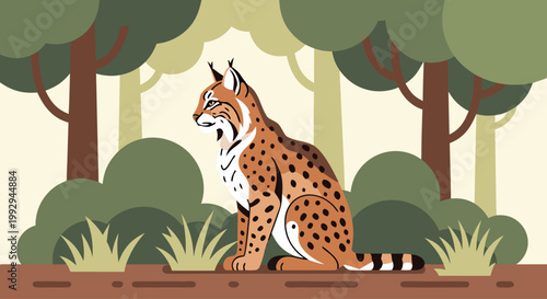 Lynx sitting alert in peaceful forest clearing among trees