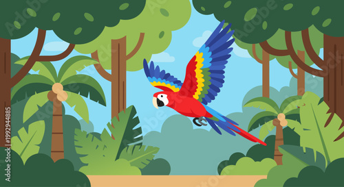 Macaw flying through tropical jungle among dense trees