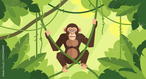 Monkey swinging on vines in dense green jungle canopy