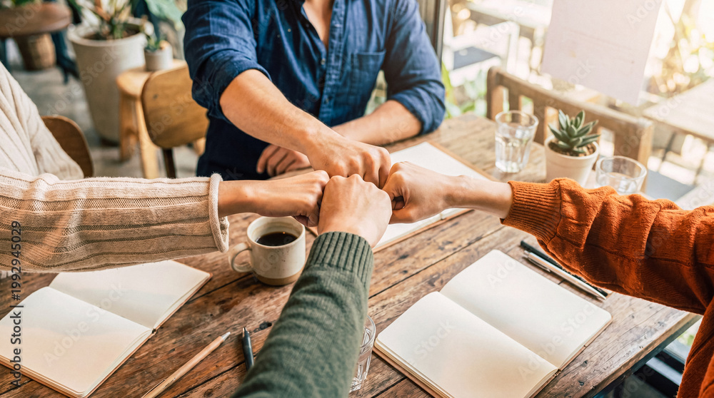 © valerie - Photograph of diverse team members doing a fist bump over a wooden desk, symbolizing collaboration and unity.