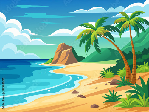 Tropical beach with palm trees and rocky headland by blue ocean shoreline