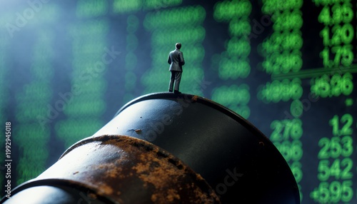 Business Person on Oil Barrel Against Stock Market Data Display