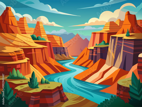 Blue river meandering between orange layered canyon cliffs