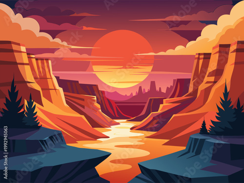 Sunset glow on canyon river with silhouetted pine foreground