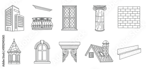 Line drawing set of diverse architectural building elements for construction design and urban planning resources