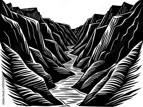 Monochrome woodcut style canyon with winding river