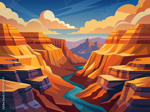 Layered canyon with winding river under cloudy sky