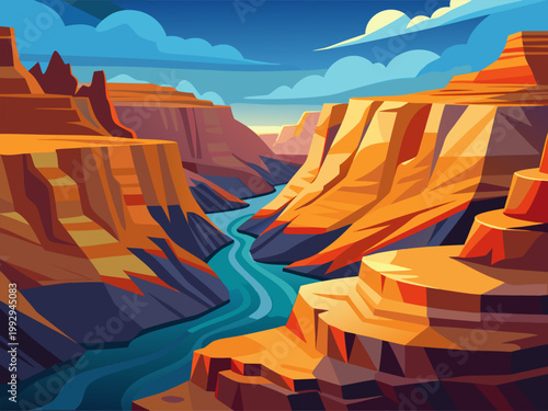 Wide canyon with teal river and layered red cliffs