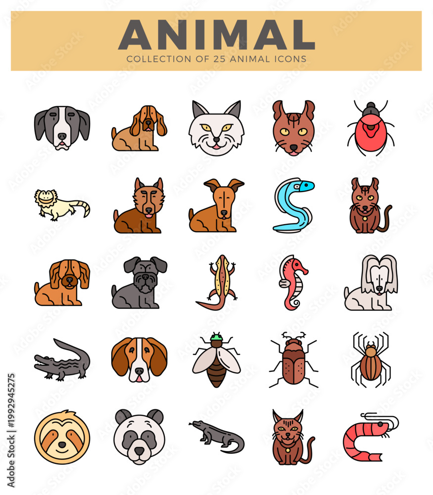 Fototapeta premium 25 flat animal icons in a white grid background. Various cartoon animals depicted in a clean. modern vector style.