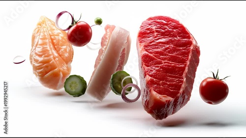 Fresh salmon, tuna, and beef cuts suspended in mid-air with cherry tomatoes and cucumber slices, creating a vibrant display of ingredients against a white background