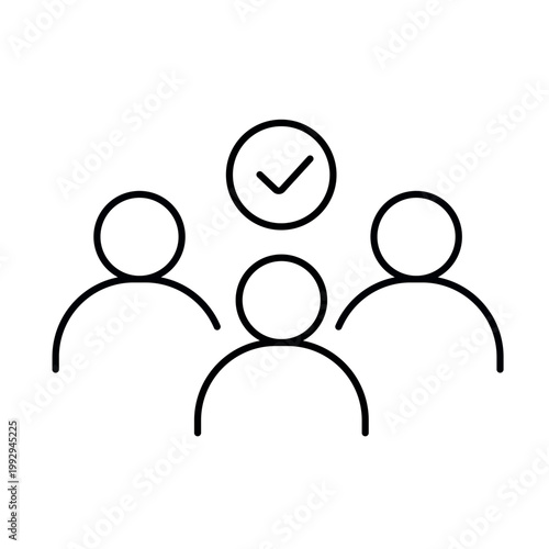 A vector icon representing consensus with a group of people and a check mark above them, created in line style with editable stroke