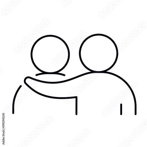 A vector icon representing support between teammates with one person putting a hand on another's shoulder, created in line style with editable stroke