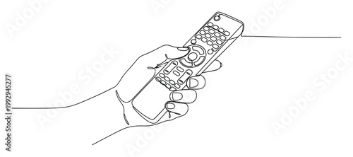 A single line drawing of a hand holding a remote control to operate various electronic media devices