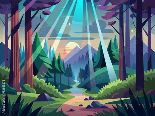 Rays of light piercing canopy over river valley trail