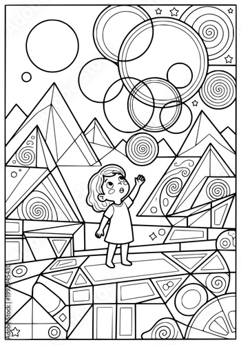 A girl in a world of geometric shapes coloring page