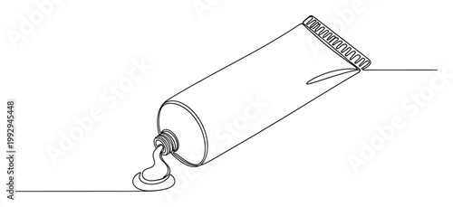 Modern continuous line drawing of a flexible tube dispensing product for packaging, beauty, or craft industry applications.