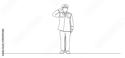 Continuous line drawing of a uniformed officer saluting, embodying respect and duty for military and patriotic themes
