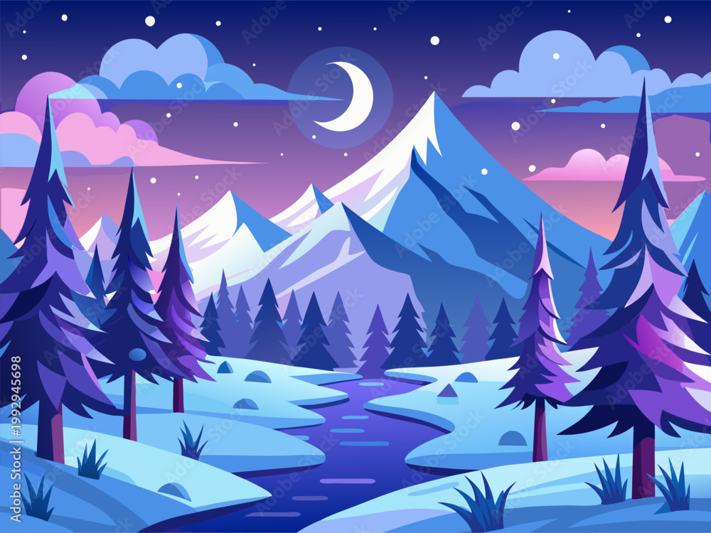 Obraz premium Moonlit mountain river with pine trees in wilderness
