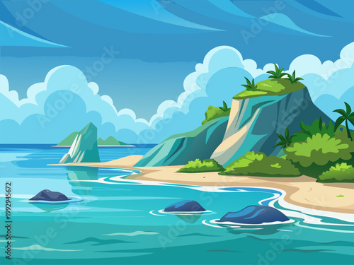 Cliffside tropical shore with rocky outcrops and calm sea
