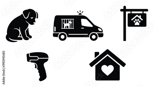 Essential pet care and animal adoption vector icons for veterinary clinics and shelter websites