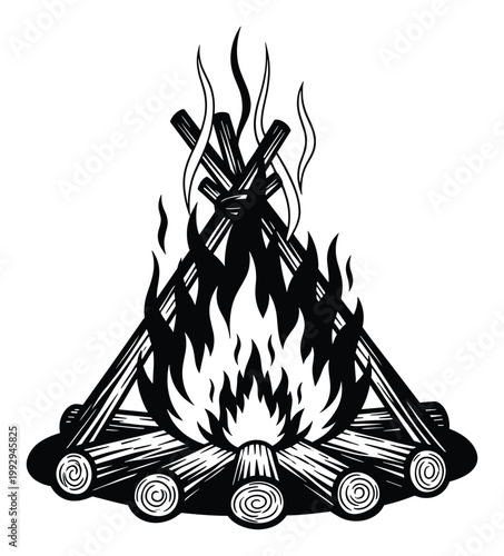 Classic woodcut style bonfire with burning logs and smoke for traditional outdoor activities and wilderness survival uses
