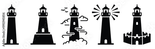 Collection of simple lighthouse icons for marine navigation, coastal safety, and travel theme applications