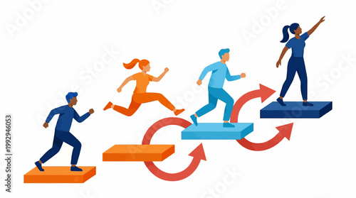 Upward trending process. Four diverse people moving on platforms with red circular arrows. Illustration material of casual people ascending towards growth.