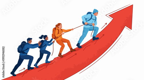 Upward performance. A team of four hikers and business people climbing a large red arrow mountain. Illustration material of ascending towards growth and success.