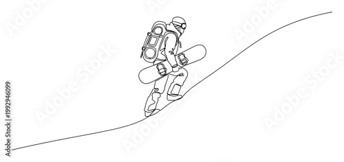 Continuous line drawing of a snowboarder hiking uphill with gear, ideal for winter sport and outdoor adventure themes
