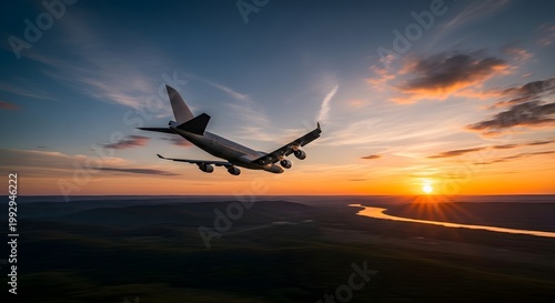 Passenger airplane flying over a river landscape during a beautiful golden sunset