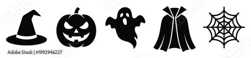 Halloween icons witch hat pumpkin ghost cape spiderweb for spooky holiday event decorations