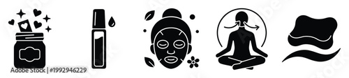 Collection of essential self care, natural cosmetic, and mindfulness practice glyph icons for modern digital marketing resources and health applications.