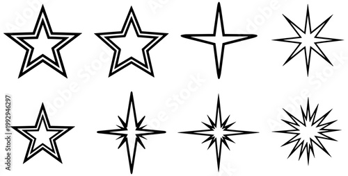 Collection of various decorative outlined star shapes and sparkling icons used for design and graphic elements.