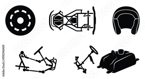Go kart racing components and parts including chassis wheel steering pedal and fuel tank for engineering diagrams